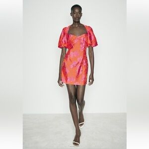 Zara PUFF SLEEVE JACQUARD MINI DRESS Fuchsia and Orange size Large NWT